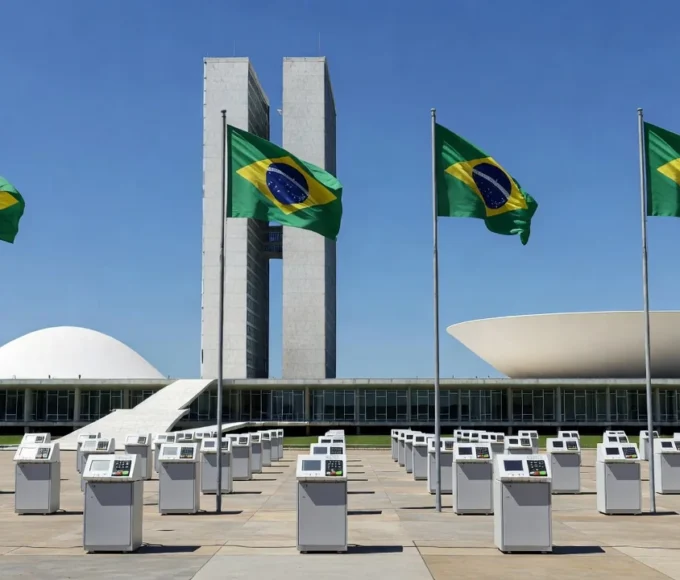 Congresso Nacional em Brasília com urnas e bandeiras representando campanha política