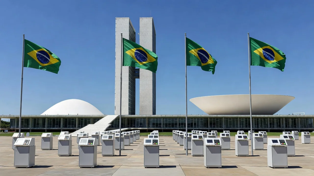 Congresso Nacional em Brasília com urnas e bandeiras representando campanha política