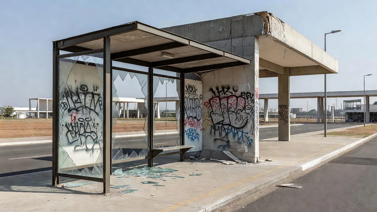 Monumento público vandalizado em Brasília com pichações e danos