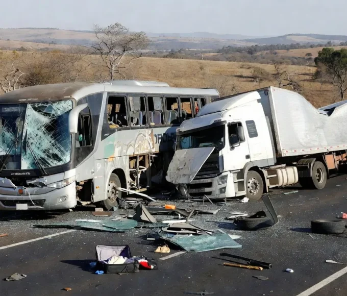 Acidente entre ônibus e caminhão em Luziânia com veículos destruídos na rodovia
