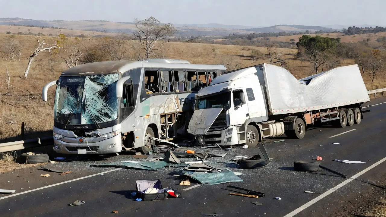 Acidente entre ônibus e caminhão em Luziânia com veículos destruídos na rodovia