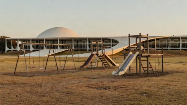 Pátio de creche abandonada em Brasília representando descaso com a primeira infância