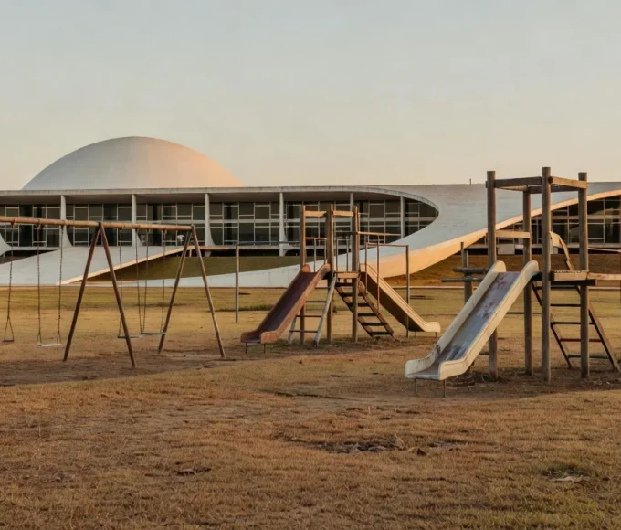 Pátio de creche abandonada em Brasília representando descaso com a primeira infância