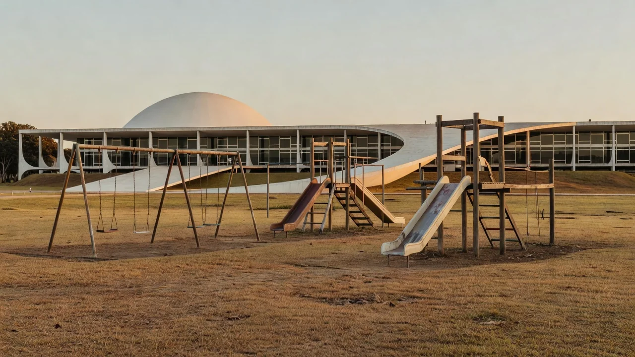 Pátio de creche abandonada em Brasília representando descaso com a primeira infância