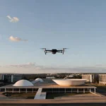 Drone pousado na Esplanada dos Ministérios em Brasília com Congresso Nacional ao fundo, simbolizando restrições de voo para o 7 de Setembro
