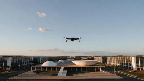 Drone pousado na Esplanada dos Ministérios em Brasília com Congresso Nacional ao fundo, simbolizando restrições de voo para o 7 de Setembro