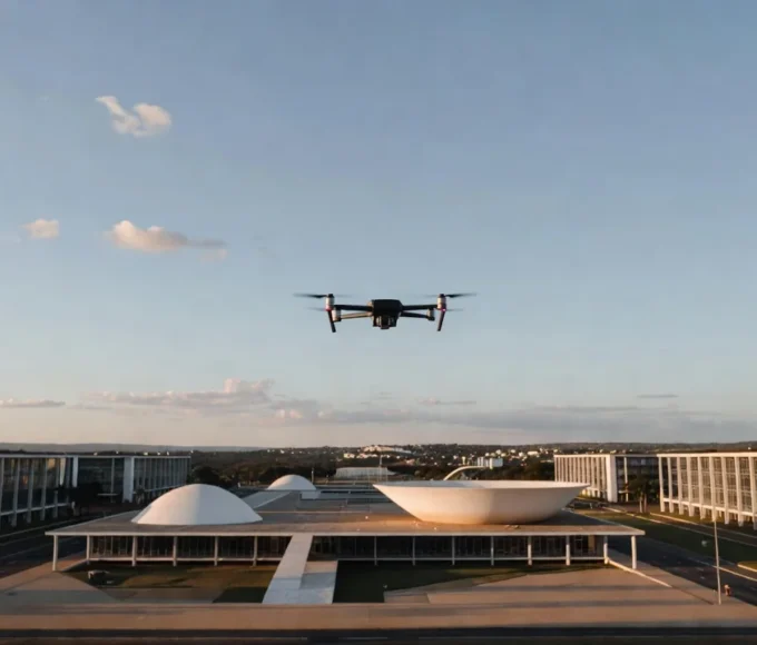 Drone pousado na Esplanada dos Ministérios em Brasília com Congresso Nacional ao fundo, simbolizando restrições de voo para o 7 de Setembro
