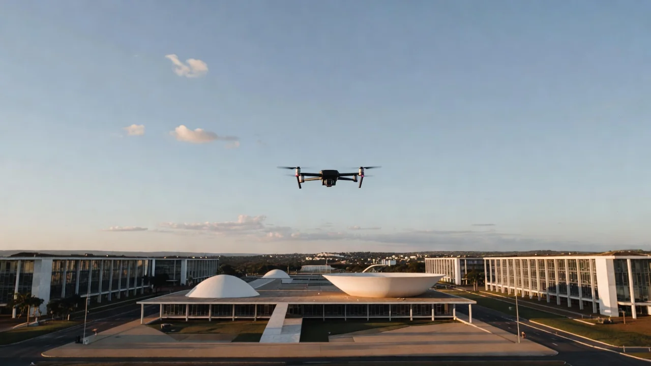 Drone pousado na Esplanada dos Ministérios em Brasília com Congresso Nacional ao fundo, simbolizando restrições de voo para o 7 de Setembro