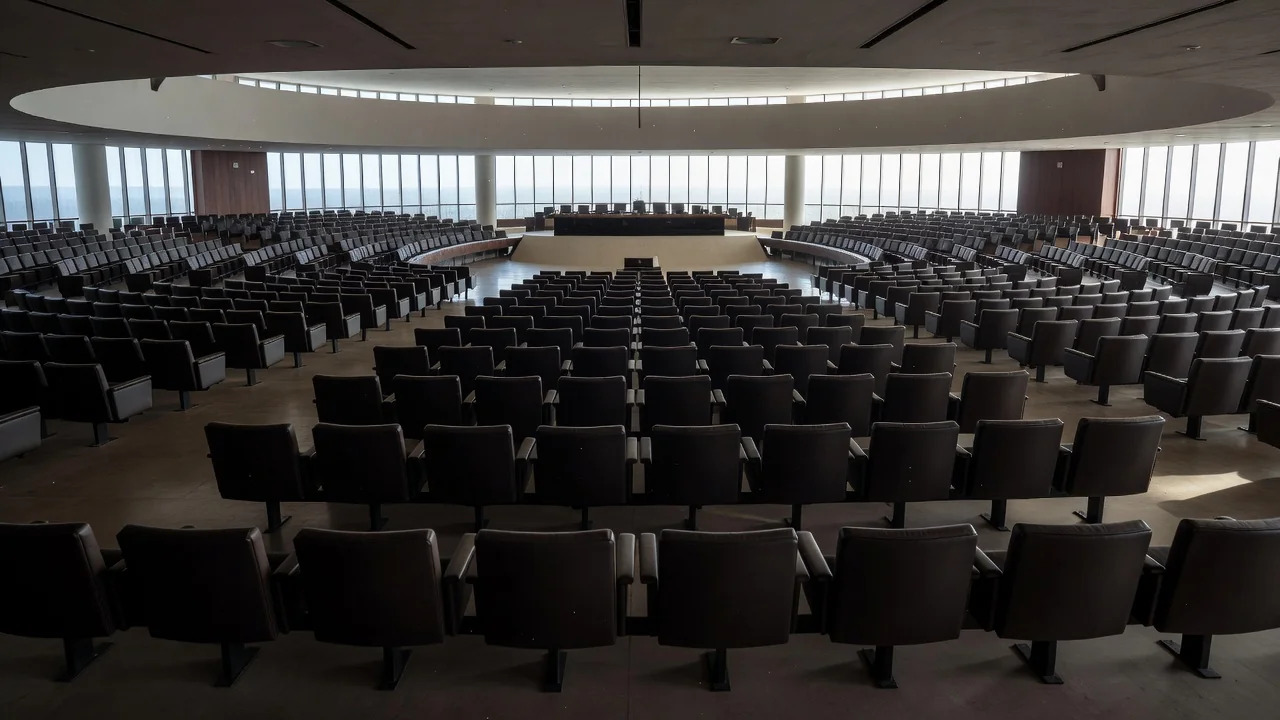 Plenário vazio da CLDF em Brasília com arquitetura moderna