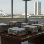 Congresso Nacional em Brasília com pilhas de documentos sobre emendas parlamentares