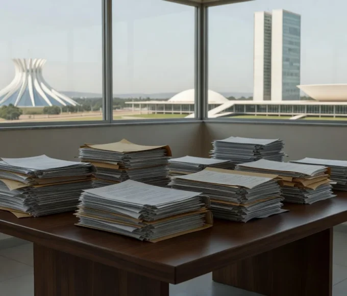 Congresso Nacional em Brasília com pilhas de documentos sobre emendas parlamentares