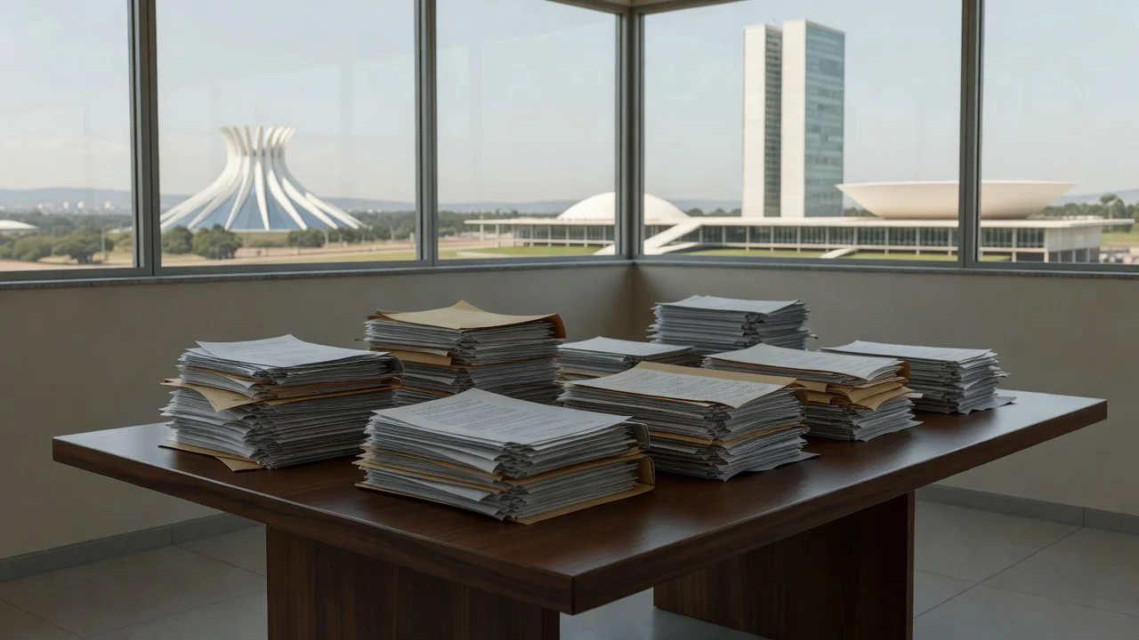 Congresso Nacional em Brasília com pilhas de documentos sobre emendas parlamentares