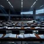 Plenário vazio da Câmara Legislativa do DF com documentos orçamentários