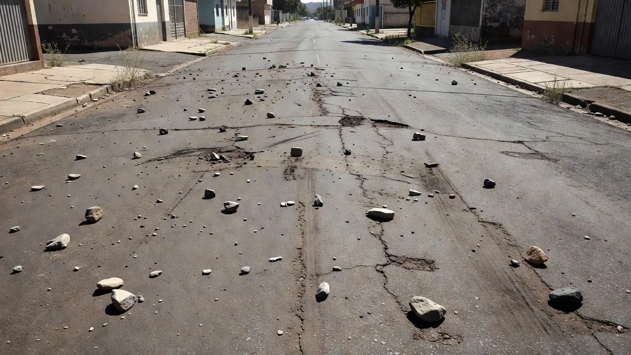 Rua no Paranoá com pedras no chão após agressão