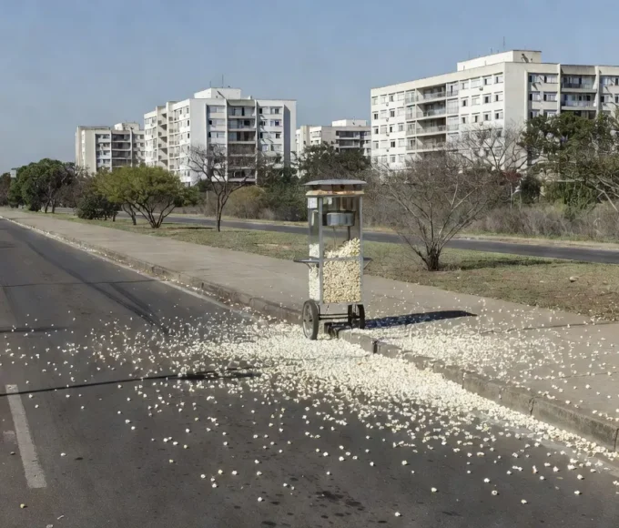 Rua W3 Norte em Brasília com pipocas espalhadas no asfalto após atropelamento.