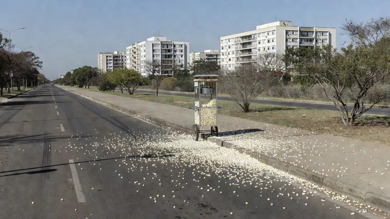 Rua W3 Norte em Brasília com pipocas espalhadas no asfalto após atropelamento.