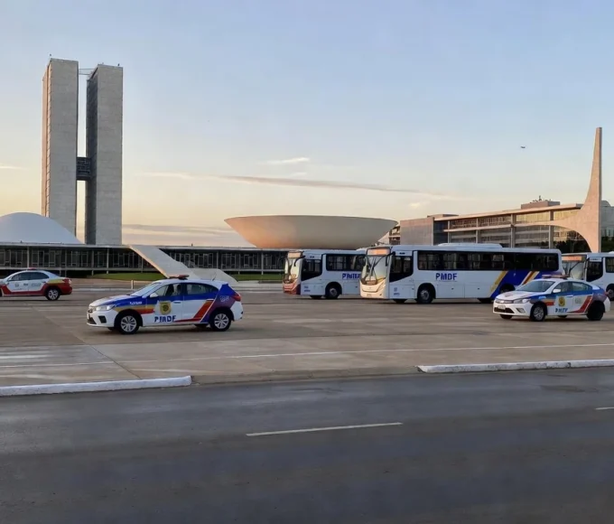 Viaturas da PM e ônibus em local de votação em Brasília durante eleições no DF