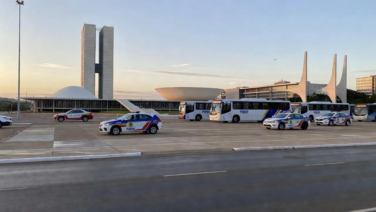 Viaturas da PM e ônibus em local de votação em Brasília durante eleições no DF